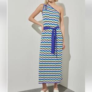 NWT Ming Wang Modern Fit One-Shoulder Column Maxi Dress - Chevron Soft Knit, M